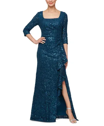 Alex Evenings Women's Sequin Lace 3/4-sleeve Gown In Deep Teal