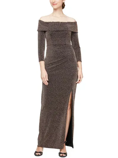 Alex Evenings Metallic Off The Shoulder Knit Sheath Gown In Multi