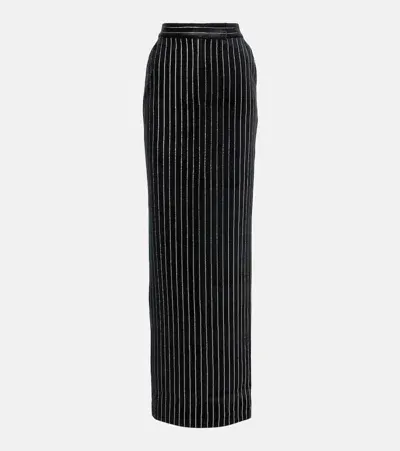 Alex Perry Column Embellished Pinstripe Velvet Maxi Skirt In Black