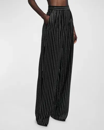 Alex Perry Crystal Pinstripe Velvet Wide-leg Tailored Trousers In Black