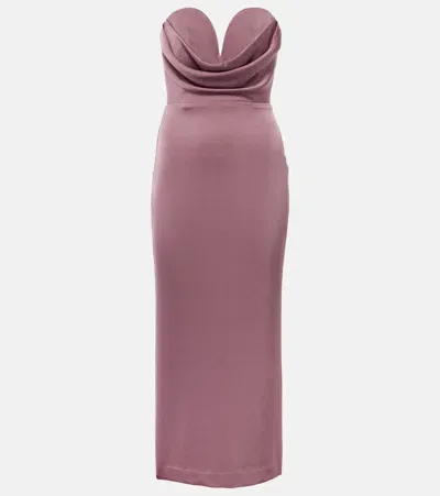 Alex Perry Gathered Strapless Satin Midi Dress In Grey