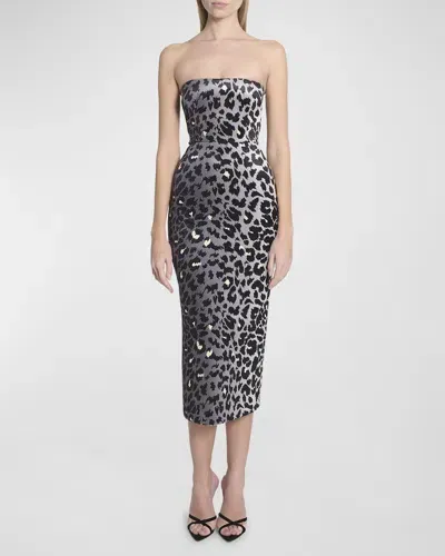 Alex Perry Printed Velvet Strapless Midi Dress In Silver Leopard