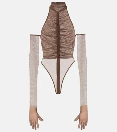 Alex Perry Ruched Sheer Bodysuit In Brown