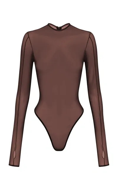 Alex Perry Sheer Mesh Bodysuit In Brown