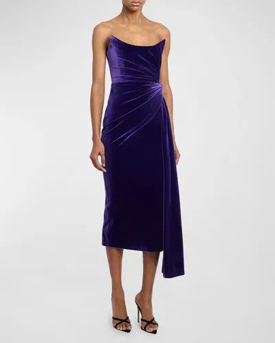 Alex Perry Strapless Twist Velvet Midi Dress In Deep Violet