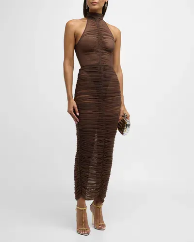 Alex Perry Turtleneck Ruched Mesh Sleeveless Maxi Dress In Raisin