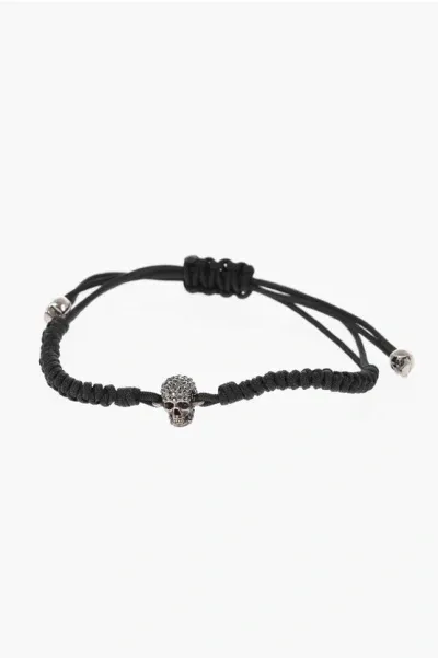 Alexander Mcqueen Adjustable Pave Skull Bracelet With Rhinestone Skull Charm In Black