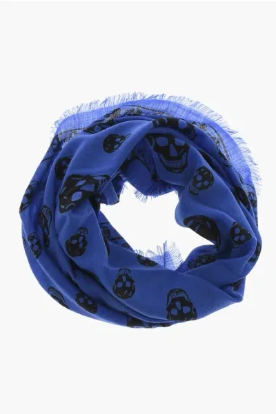 Alexander Mcqueen All-over Skulls Wool Scarf In Blue