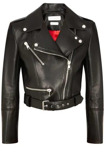 Alexander Mcqueen Cropped Leather Biker Jacket In Black