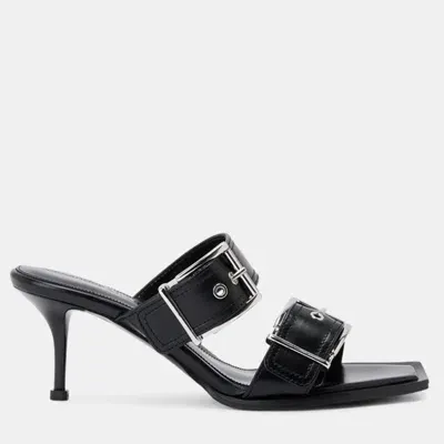 Pre-owned Alexander Mcqueen Black Leather Leath Sleath Boxcarsi Sandal Eu 37