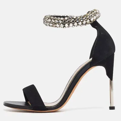 Pre-owned Alexander Mcqueen Black Suede Crystal Embellished Ankle Cuff Sandals Size 36