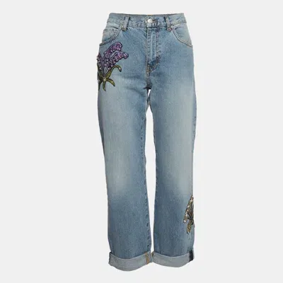 Pre-owned Alexander Mcqueen Blue Embroidered Floral Denim Boyfriend Jeans S Waist 28"