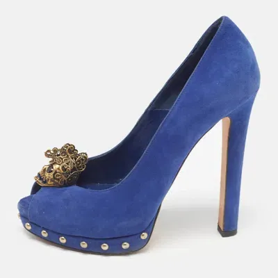 Pre-owned Alexander Mcqueen Blue Suede Skull Peep Toe Pumps Size 38