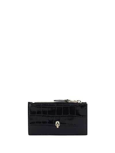 Alexander Mcqueen Skull Zip Crocodile-effect Leather Credit Card Case In Black