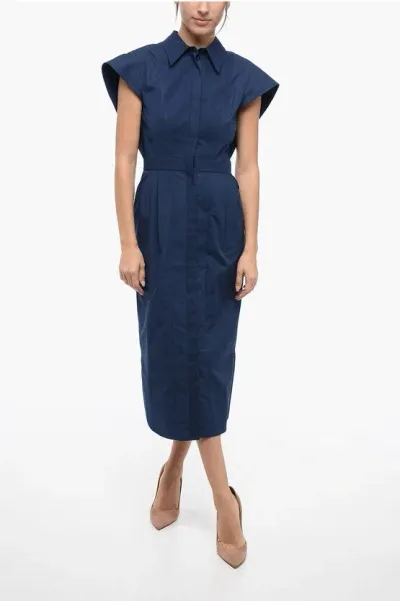 Alexander Mcqueen Cotton Shirt Dress With Ruffled Sleeves In Blue