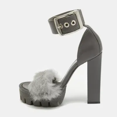 Pre-owned Alexander Mcqueen Dark Grey Leather And Fur Ankle Strap Sandals Size 37