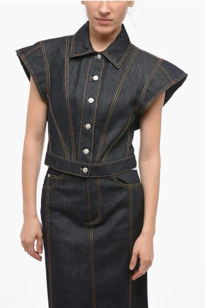 Alexander Mcqueen Denim Cropped Jacket With Flap Sleeves In Blue