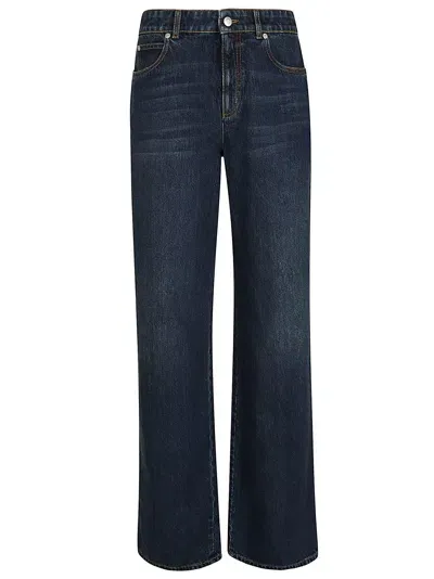 Alexander Mcqueen Denim Wide Leg Jeans In Dark Stonewash