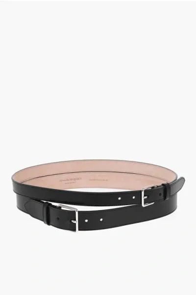 Alexander Mcqueen Double Leather Belt 60mm In Black