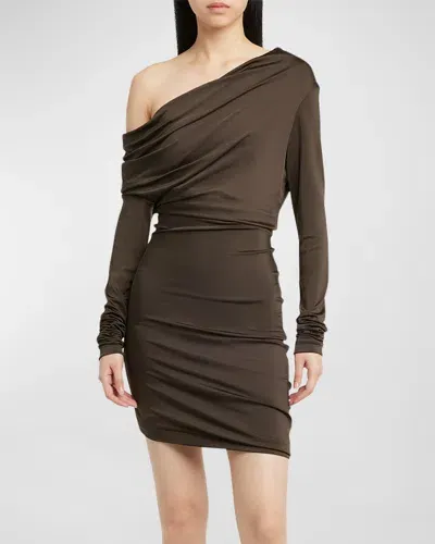 Alexander Mcqueen One-shoulder Draped Stretch-jersey Mini Dress In Ebony