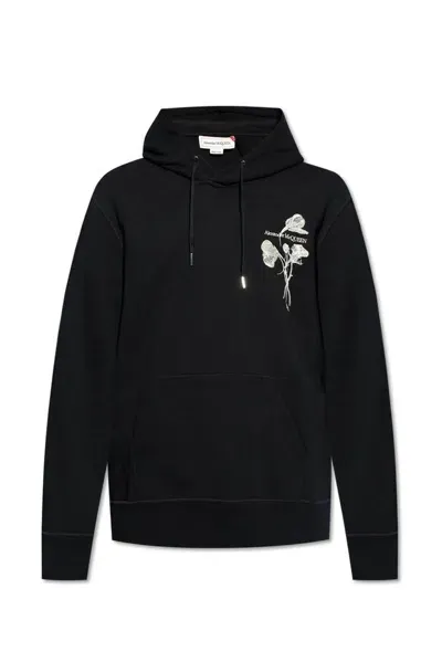 Alexander Mcqueen Embroidered Drawstring Hoodie In Black