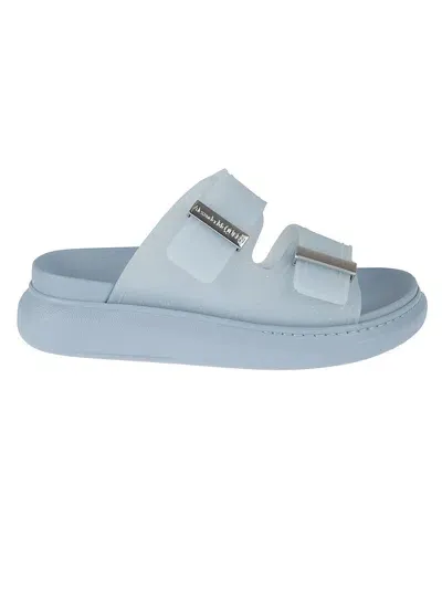 Alexander Mcqueen Engraved Logo Buckle Sliders In Spring Blue Silver