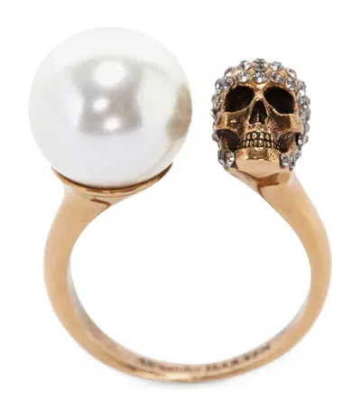 Alexander Mcqueen Faux Pearl And Skull Ring In Blue