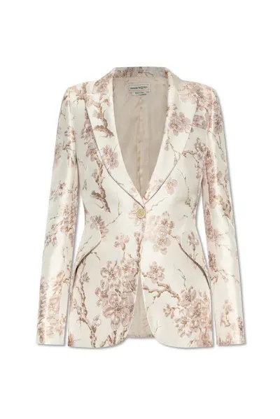 Alexander Mcqueen Floral Pattern Single Breasted Blazer In Beige