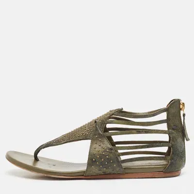 Pre-owned Alexander Mcqueen Green Leather Flat Sandals Size 38