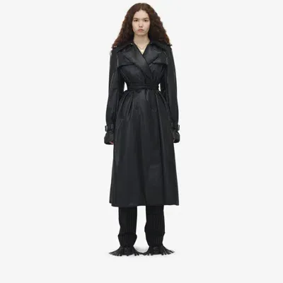 Alexander Mcqueen Leather Double-breasted Trench Coat In Black