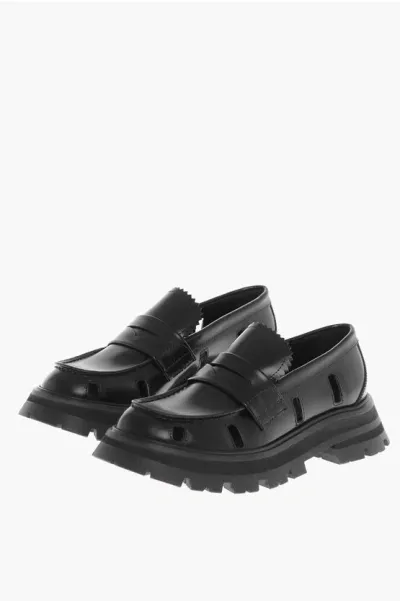 Alexander Mcqueen Leather Penny Loafers With Cut-outs In Black