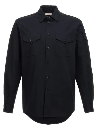 Alexander Mcqueen Tape Detail Chino Cotton Shirt In Blue