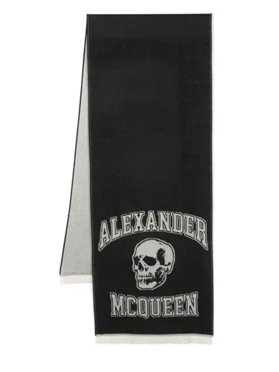 Alexander Mcqueen Logo Wool Scarf In Black