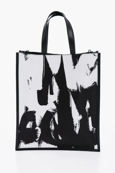 Alexander Mcqueen Logoed Fabric Tote Bag With Leather Detail In Black