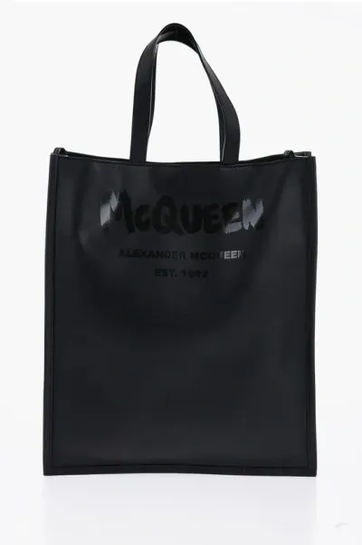 Alexander Mcqueen Logoed Leather Tote Bag With Shoulder Strap In Black