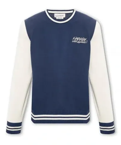 Alexander Mcqueen Navy Blue And Cream Cotton Crewneck Jumper For Men In Black