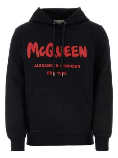 Alexander Mcqueen Cotton Hooded Sweatshirt Kangaroo Pocket In Nero