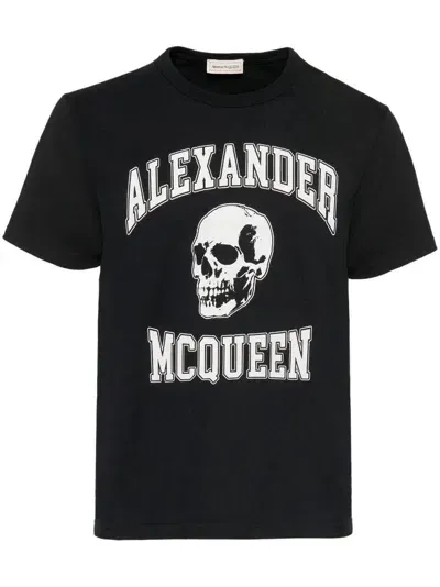 Alexander Mcqueen Men's Logo Printed Cotton T Shirt In Black Wh