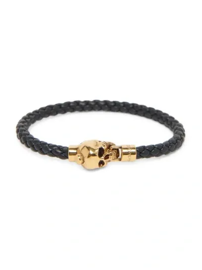 Alexander Mcqueen Skull Braided Leather Bracelet In Gold