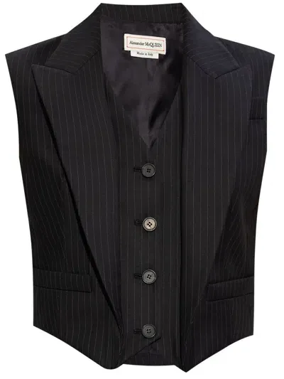 Alexander Mcqueen Pinstriped Wool Vest In Blue