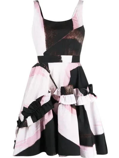 Alexander Mcqueen Abstract-print Ruffle Detail Minidress In Black