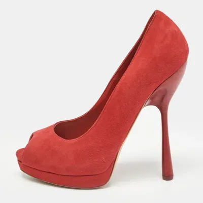 Pre-owned Alexander Mcqueen Red Suede Peep Toe Platform Pumps Size 38.5