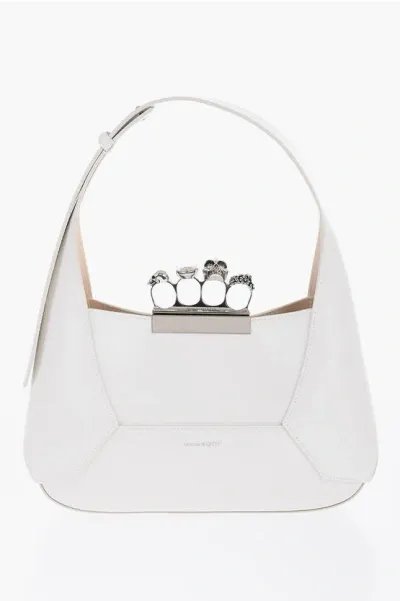 Alexander Mcqueen Jewelled Hobo Leather Mini Bag In Bianco