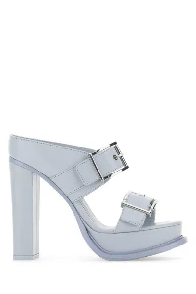 Alexander Mcqueen Buckle Leather Platform Mules In Spring Bluesilver