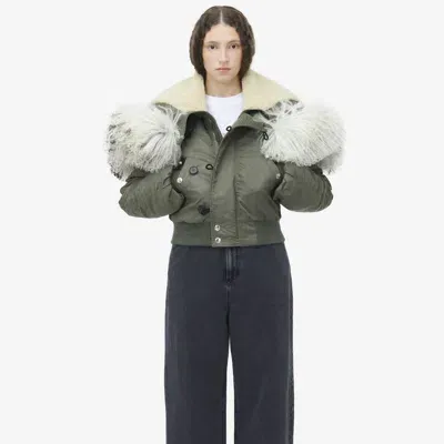 Alexander Mcqueen Shearling Collar Bomber Jacket In Khaki