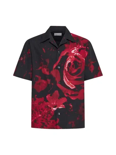 Alexander Mcqueen Camp-collar Floral-print Cotton-poplin Shirt In Black-red