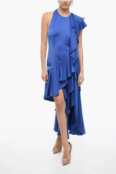 Alexander Mcqueen Silk Satin Bare Back Dress With Ruffles In Blue