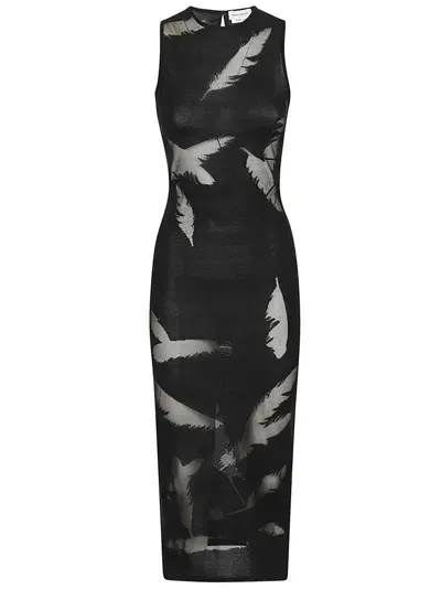 Alexander Mcqueen Silk Viscose Sheath Dress With Feather Inlay In Black