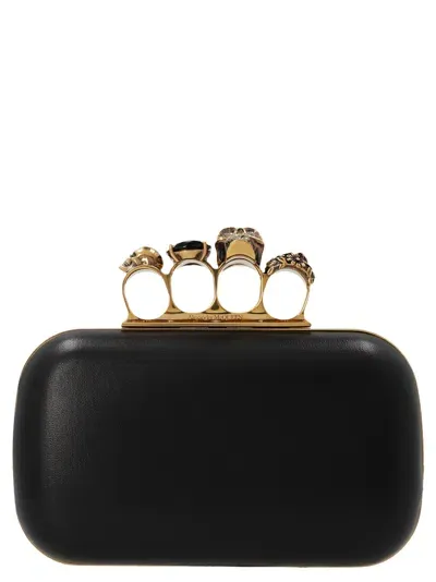 Alexander Mcqueen Skull Four Ring Embellished Clutch In Black