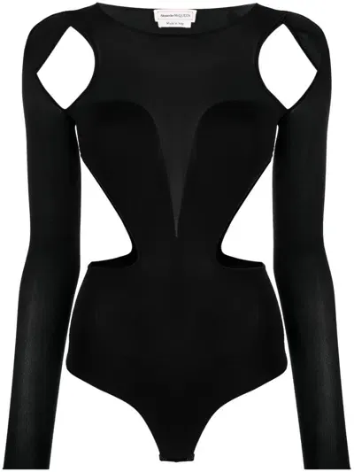 Alexander Mcqueen Slashed Corset Cut-out Bodysuit In Schwarz